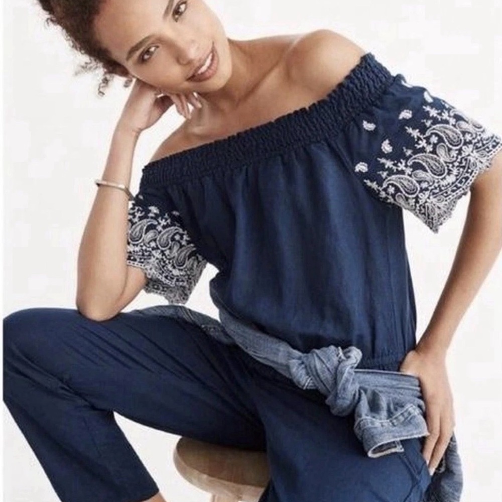 Abercrombie & Fitch Off-Shoulder Embroidered Paisley Jumpsuit Navy Blue ST Linen